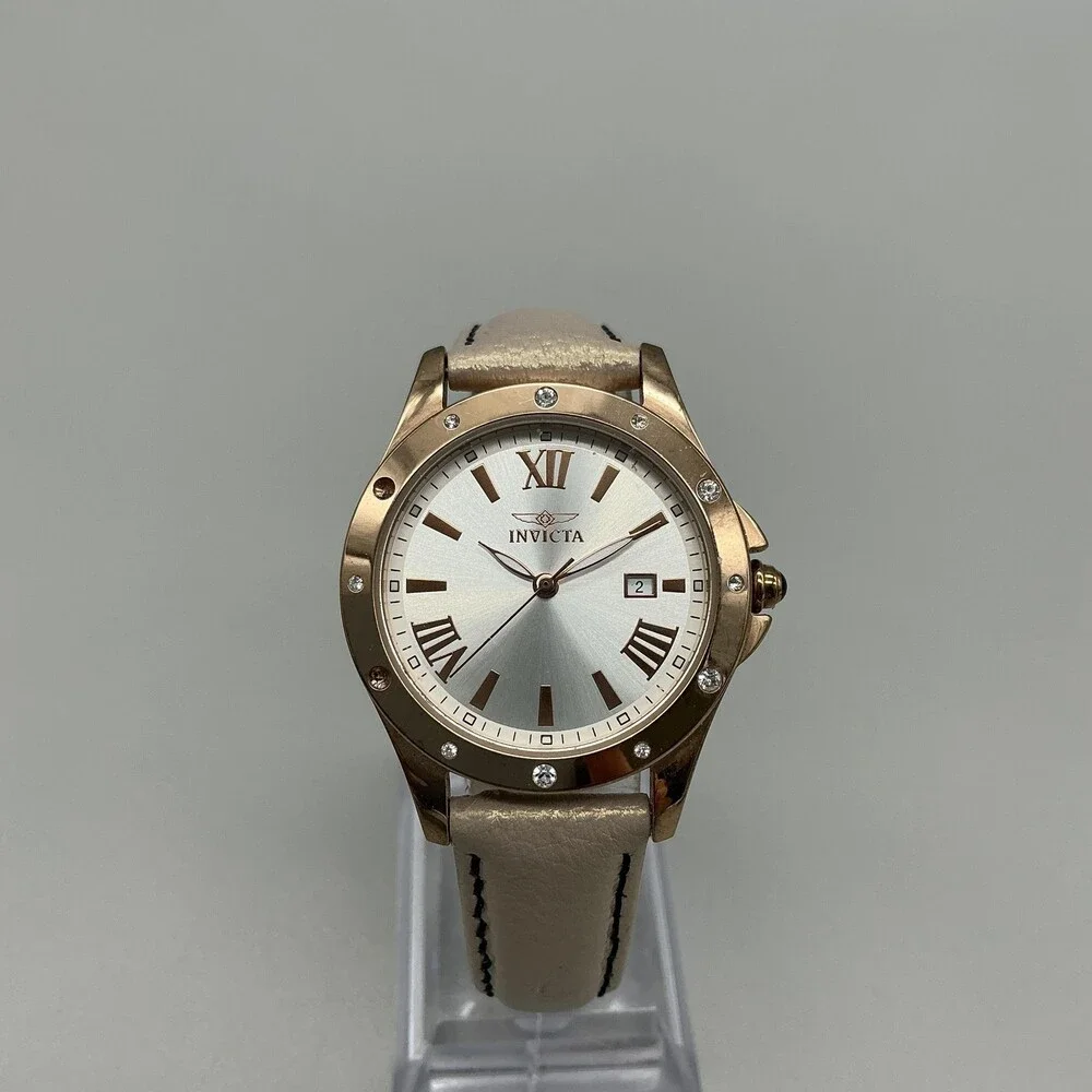 Invicta Angel Womens Watch 33mm Silver Rose Gold Tone Beige Leather New Battery